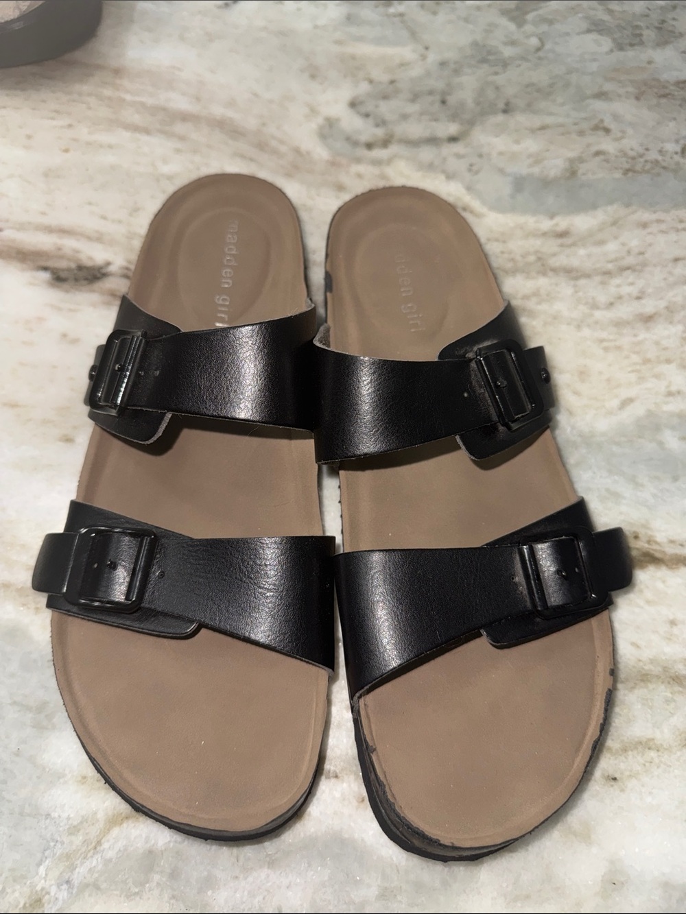Madden Girl Black Double Buckle Slide Sandals with Tan Footbed